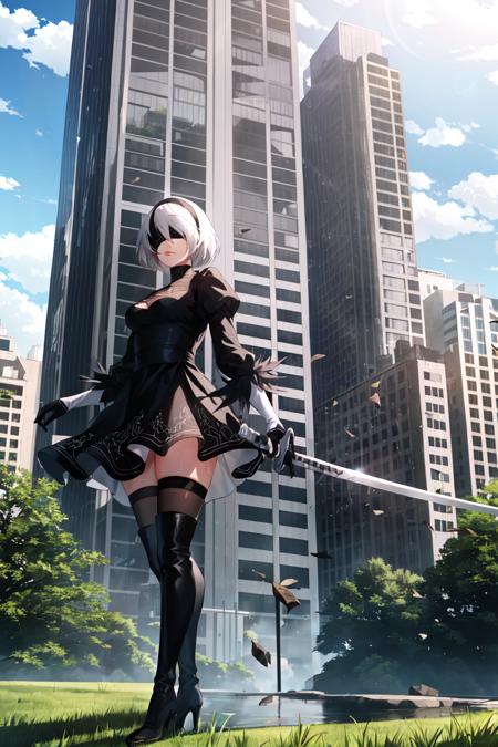 12762-1658926435-yorha no. 2 type b, 1girl, absurdres, black blindfold, black dress, black hairband, blindfold, blue sky, boots, building, city,.png